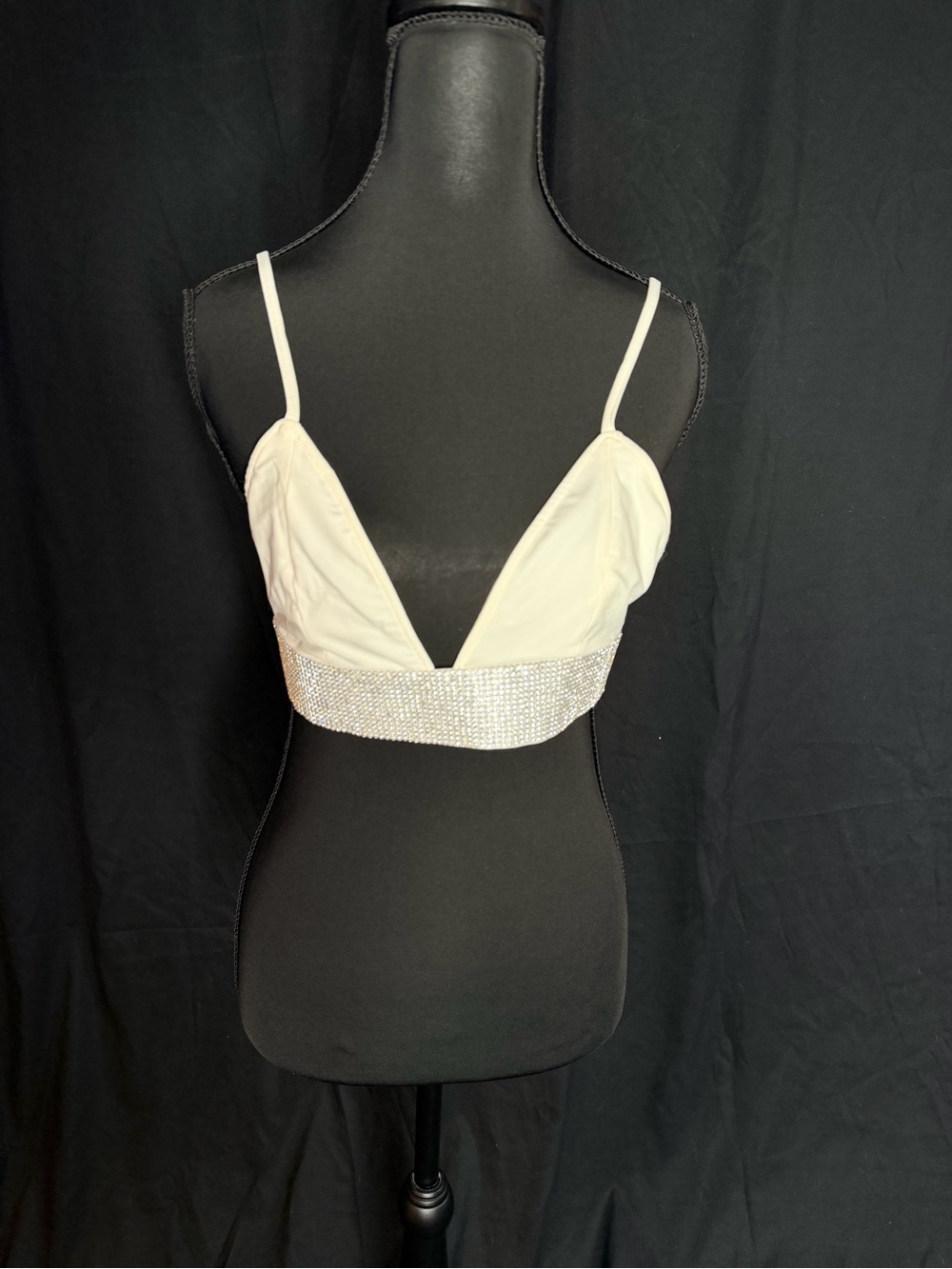 Ivory Crystal-Band Plunge Bikini Top NWT